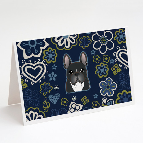 Caroline's Treasures BB5078GCA7P Blue Flowers French Bulldog Greeting Cards and Envelopes Pack of 8, 7 x 5, multicolor