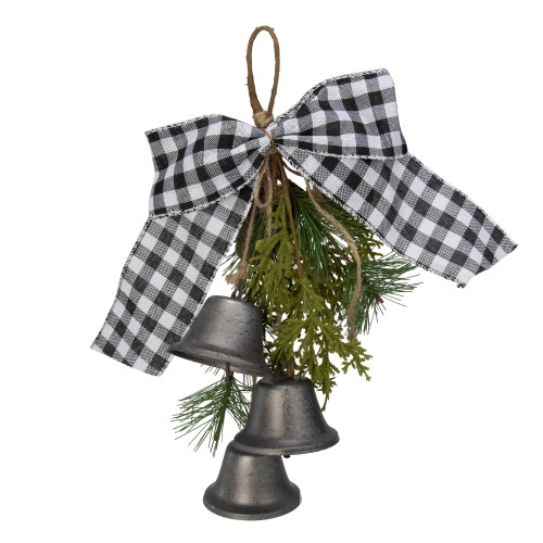13" Black and White Gingham Tie with Bells Christmas Door Hanger
