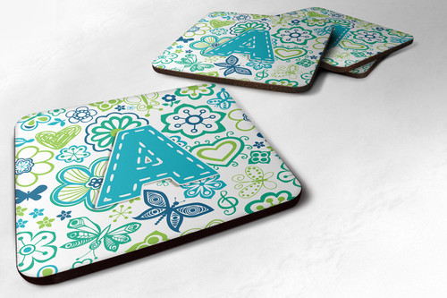 Caroline's Treasures CJ2006-FC-Parent Set of 4 Letter Flowers and Butterflies Teal Blue Foam Coasters CJ2006, , multicolor - CJ2005-GFC