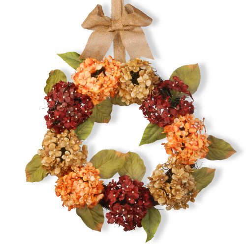 Mixed Hydrangea Artificial Floral Wreath, Red and Orange 24-Inch