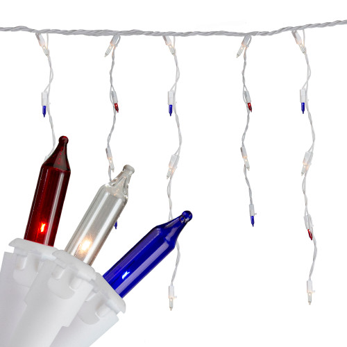 105 Red and Blue 4th of July Mini Icicle Lights - 6.5 ft White Wire