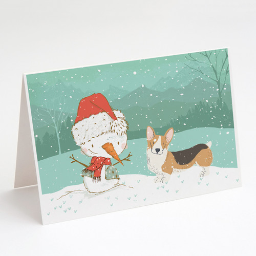 Caroline's Treasures CK2061GCA7P Tricolor Pembroke Corgi Snowman Christmas Greeting Cards and Envelopes Pack of 8, 7 x 5, multicolor
