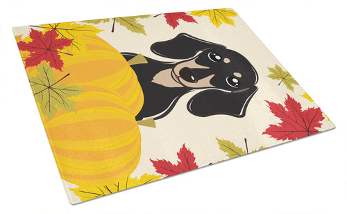 Smooth Black and Tan Dachshund Thanksgiving Glass Cutting Board Large BB2021LCB