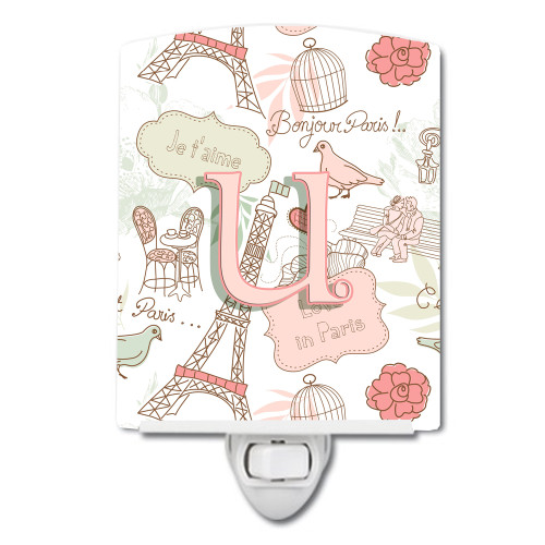 Caroline's Treasures CJ2002-UCNL Letter U Love in Paris Pink Ceramic Night Light , 6x4x3", multicolor