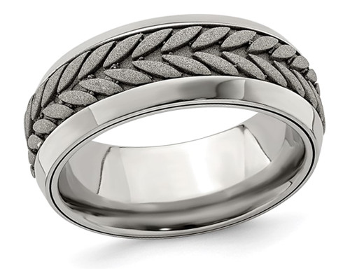 Mens Stainless Steel 9mm Beveled Pattern Band Ring - 88QGG00190GM-12
