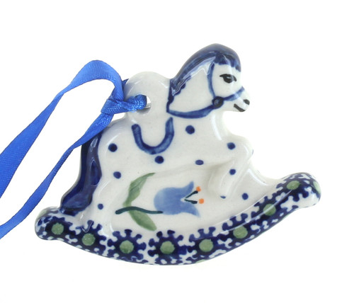 Blue Rose Polish Pottery Tulip Rocking Horse Ornament