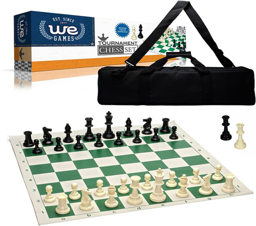 WE Games Complete Tournament Chess Set, Weighted Chess Pieces with Green Roll-up Chess Board and Travel Canvas Bag