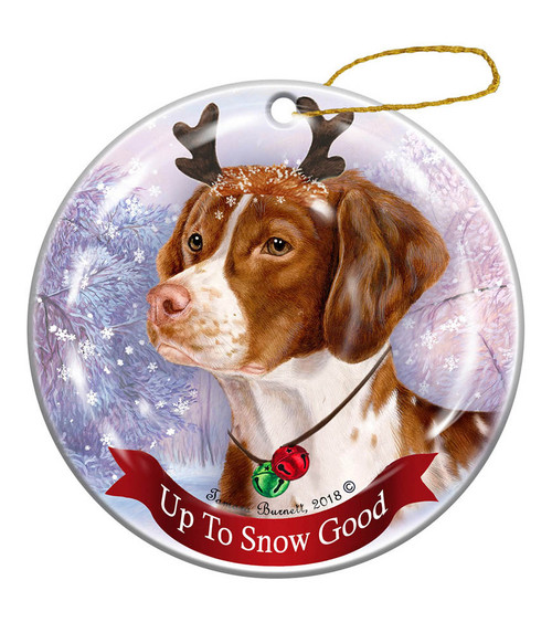 Holiday Pet Orange and White Brittany Reindeer Dog Porcelain Christmas Ornament