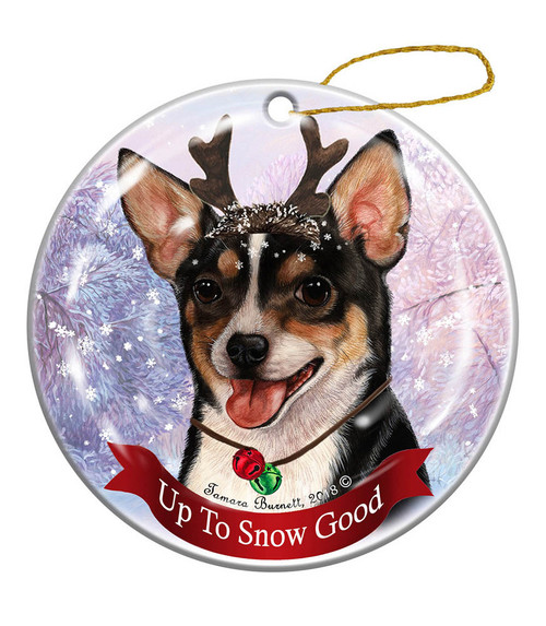 Tricolor Short Hair Chihuahua Reindeer Dog Porcelain Christmas Ornament