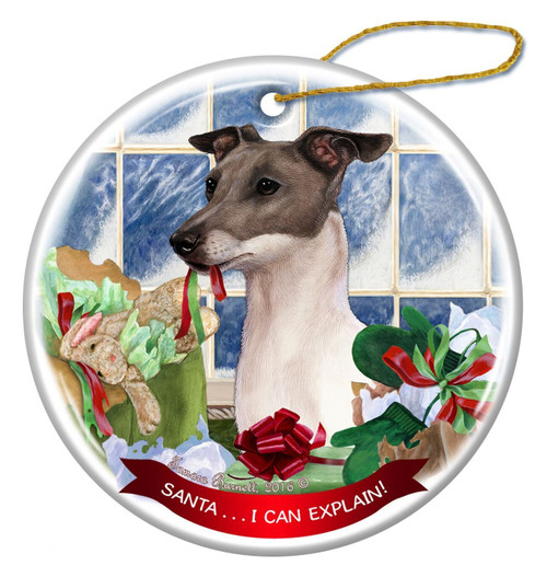 Italian Greyhound Blue and White Dog Porcelain Ornament 'Santa.. I Can Explain!