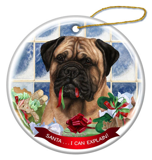 Fawn Bullmastiff Porcelain Hanging Ornament Pet Gift Santa I Can Explain!