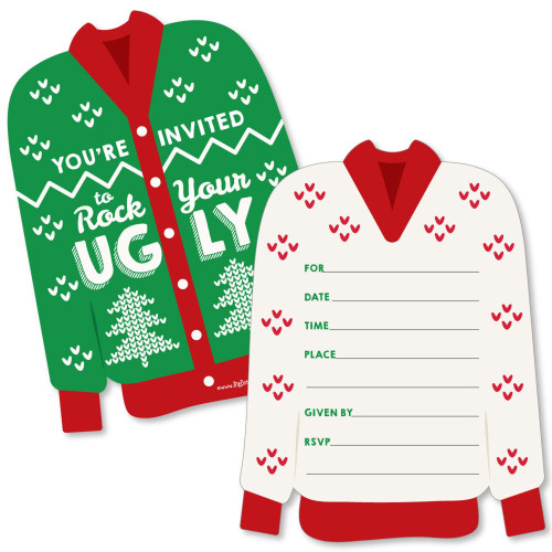 Big Dot of Happiness Ugly Sweater - Shaped Fill-in Invitations - Holiday and Christmas Party Invitation Cards with Envelopes - Set of 12