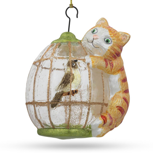 Cat on a Bird Cage Glass Christmas Ornament 4 Inches - CC-0042