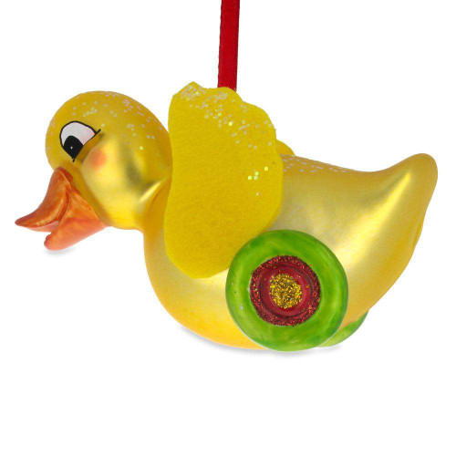 Yellow Duck on Wheels Glass Christmas Ornament 3.4 Inches - CC-0165