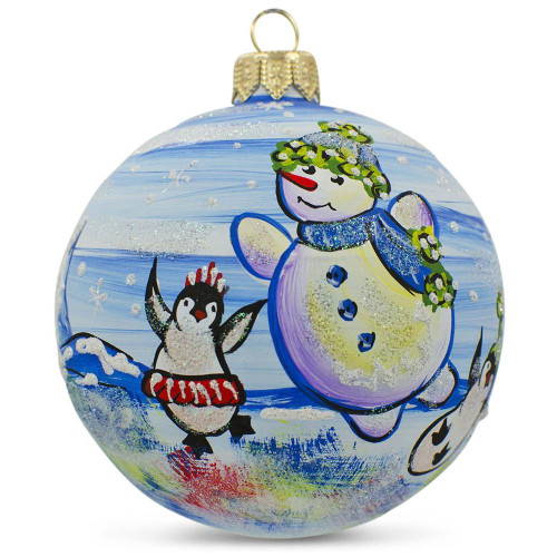 Snowman with Penguin Glass Ball Christmas Ornament