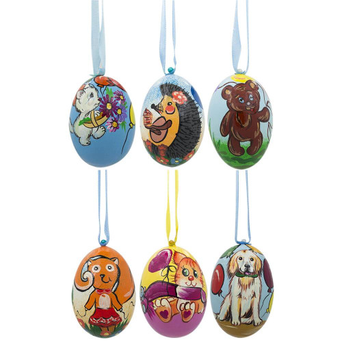 Set of 6- Dog, Cat, Bear, Squirrel Wooden Christmas Ornaments 3 Inches - SS-13