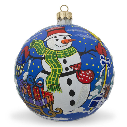 Snowman and Gifts Glass Ball Christmas Ornament 4 Inches - KK-0445-100