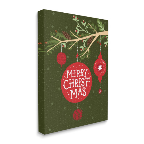 Red and Green Merry Christmas Pine Tree Ornament Stretched Canvas Wall Art 30" x 24"