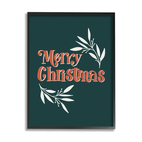 Green and Orange Merry Christmas Typography Plant Outline Rectangular Framed Wall Art 24" x 30"