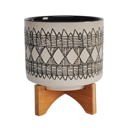 9" Gray Ceramic Aztec Decorative Planter with Stand