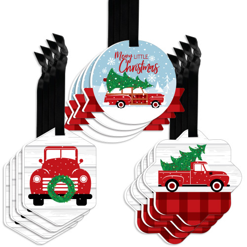 Big Dot of Happiness Merry Little Christmas Tree - Assorted Hanging Red Truck and Car Christmas Party Favor Tags - Gift Tag Toppers - 12 Ct