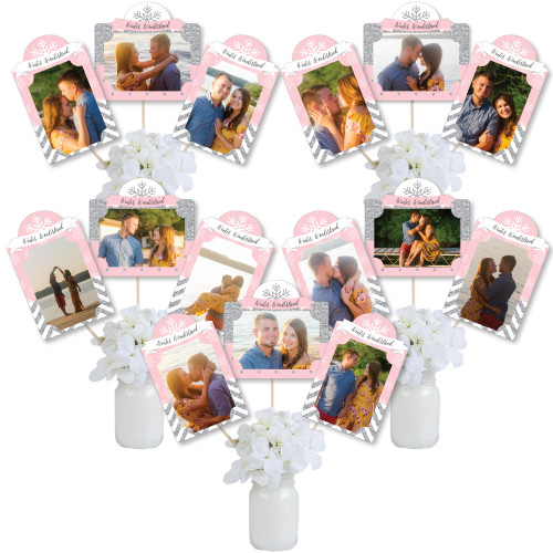 Big Dot of Happiness Pink Winter Wonderland - Snowflake Birthday Party and Baby Shower Picture Centerpiece Sticks - Photo Table Toppers - 15 Pieces