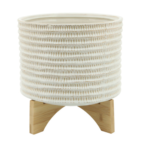 11" Ivory and Brown Bamboo Wood Outdoor Textured Planter On Stand