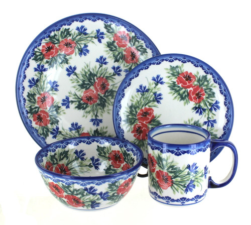 Blue Rose Polish Pottery Cherry Red Bouquet 4 PC Place Setting - Service for 1
