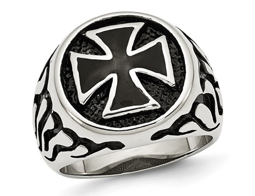 Mens Antiqued Stainless Steel Ring with Cross - 88QGG00416-9