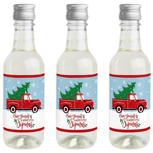 Big Dot of Happiness Merry Little Christmas Tree - Mini Wine and Champagne Bottle Label Stickers - Red Truck Christmas Party Favor Gift - Set of 16