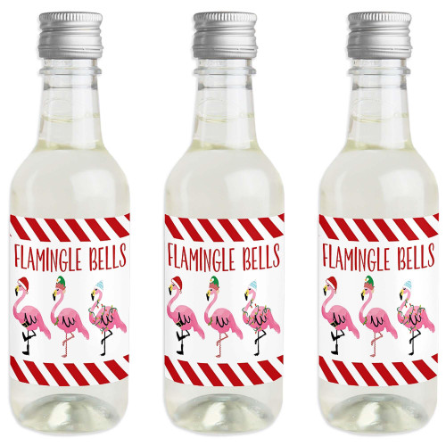Big Dot of Happiness Flamingle Bells - Mini Wine & Champagne Bottle Label Stickers - Tropical Christmas Party Favor Gift for Women and Men - Set of 16