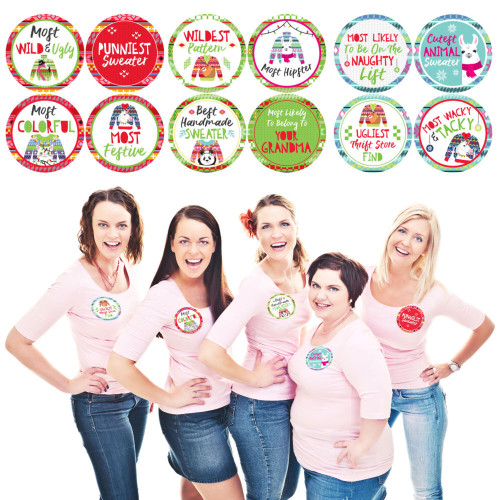 Big Dot of Happiness Wild and Ugly Sweater Contest Awards - Holiday and Christmas Animals Party Funny Name Tags - Party Badges Sticker Set of 12