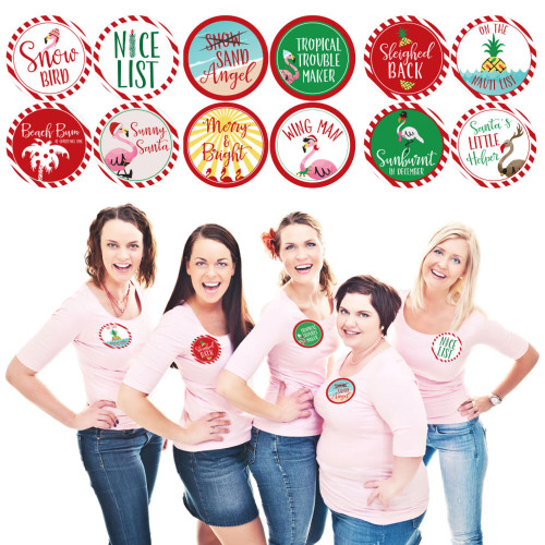 Big Dot of Happiness Flamingle Bells - Tropical Flamingo Christmas Party Funny Name Tags - Party Badges Sticker Set of 12