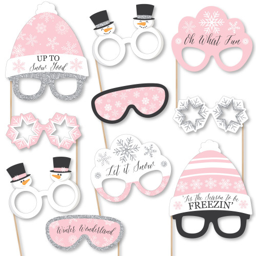 Big Dot of Happiness Pink Winter Wonderland Glasses & Headpieces - Paper Cardstock Snowflake Birthday Party Baby Shower Photo Booth Props Kit - 10 Ct