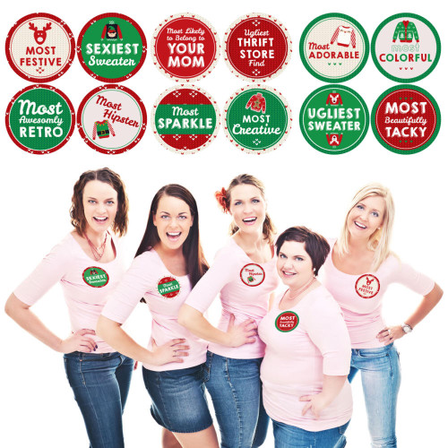Big Dot of Happiness Ugly Sweater Contest Awards - Holiday and Christmas Party Funny Name Tags - Party Badges Sticker Set of 12