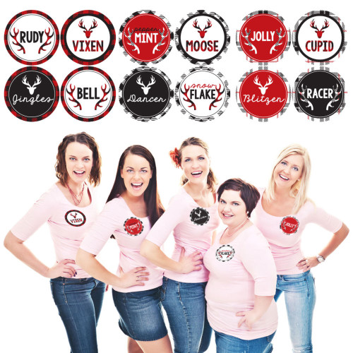 Big Dot of Happiness Prancing Plaid - Christmas and Holiday Buffalo Plaid Party Funny Name Tags - Reindeer Party Badges Sticker Set of 12