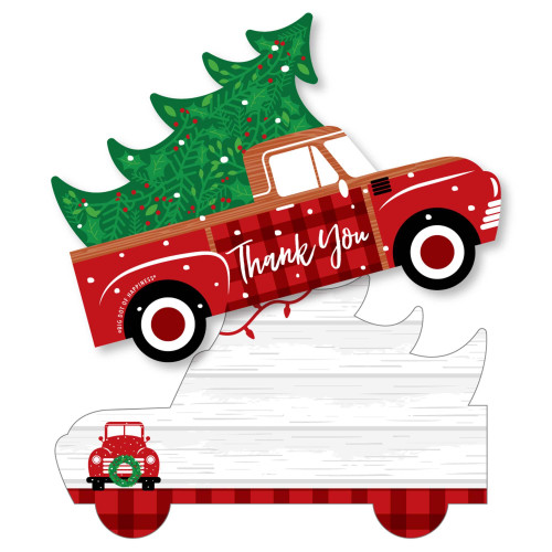 Big Dot of Happiness Merry Little Christmas Tree - Shaped Thank You Cards - Red Truck Christmas Party Shaped Thank You Cards with Envelopes Set of 12