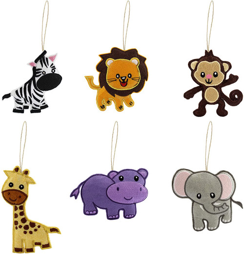 Wild Jungle Animals Plush Christmas Tree Ornaments: Baby Lion, Monkey, Elephant, Hippo, Giraffe, Zebra, 6pc Set
