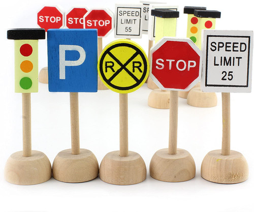 Kids Wooden Street Signs Playset, Wood Traffic Signs Perfect for Car & Train Set, 14pc Set