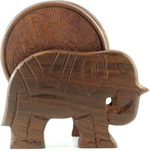Elephant Design Wooden Coasters With Holder: Great Gifts For Birthdays, Holidays, Mother's & Father's Day, 7pc Set