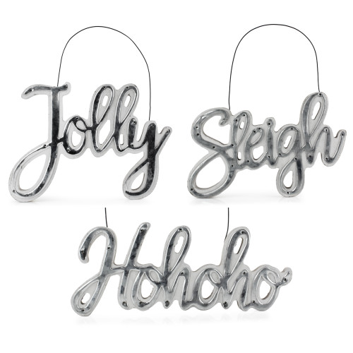 AuldHome Large Farmhouse Christmas Word Art Ornaments in Galvanized Rustic Tin Script with "Jolly", "Sleigh" and "Hohoho", (Set of 3 7-Inch Signs)