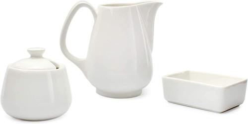 Sugar and Creamer Set: Cream Pitcher, Sugar Bowl, Sweetener Packet Holder, White Ceramic Tea/Coffee, 3pc Set