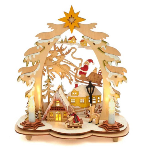 Battery Operated Wooden Village House with Santa Figurine 10.8 Inch H6319