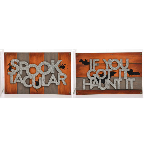 Set of 2 Orange and Gray Spooky Dimensional Halloween Sign Decors 16"