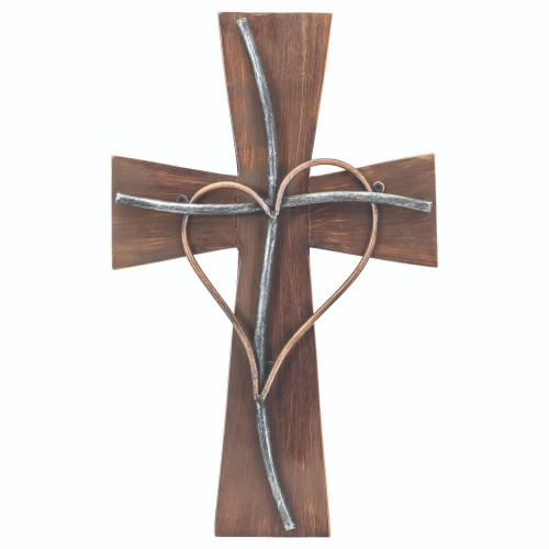 17.75" Brown and Silver Rustic Wood Religious Cross Wall Decor