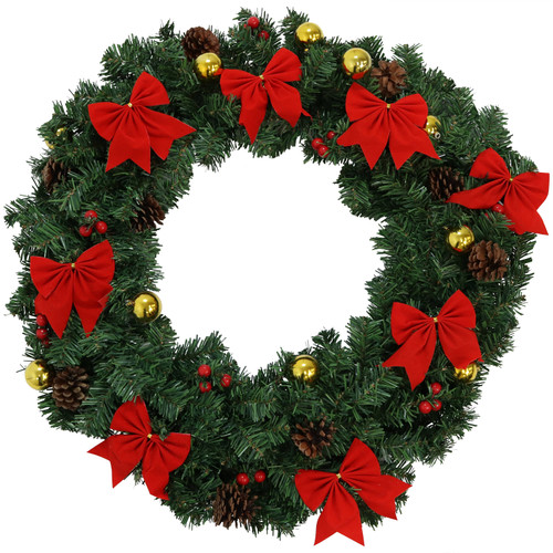 Sunnydaze Indoor/Outdoor Artificial Unlit Christmas Holiday Wreath with Red Bows, Gold Baubles, and Pinecones - 24" - Green
