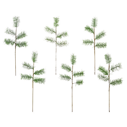 AuldHome Flocked Evergreen Greenery Picks (6-Pack); Snow Frosted Christmas Decor Floral Stems for Wreaths, Vases and Holiday Floral Arrangement