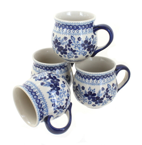 Blue Rose Polish Pottery Vintage Blue Daisy 4 Piece Bubble Mug Set