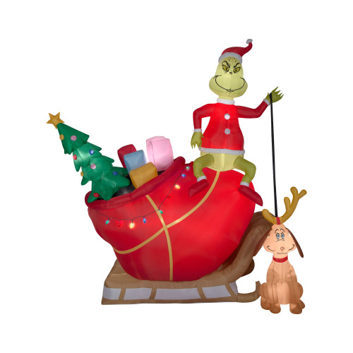 12' Red and Green the Grinch and Max Sleigh Inflatable Airblown Christmas Yard Decor
