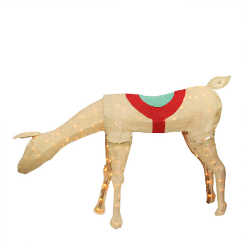 44" Beige and Red Pre-Lit Feeding Reindeer Christmas Outdoor Decor